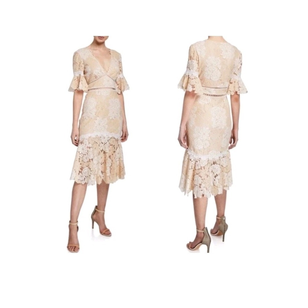 Saylor  Ruffle Lace Maggy Midi Dress Floral Short Sleeve Cream Womens Small